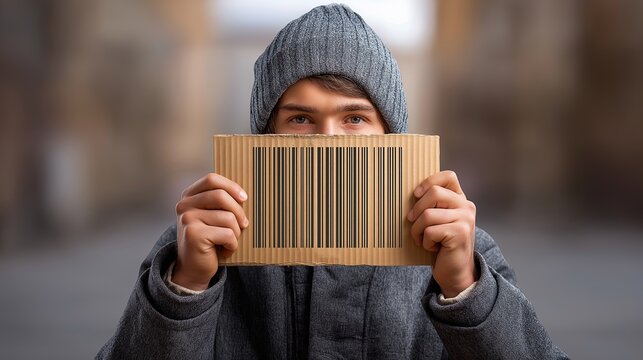 Young man in winter clothing holding a piece of cardboard with barcode print, standing on blurred urban background, symbolizing loss of identity, consumerism and social alienation