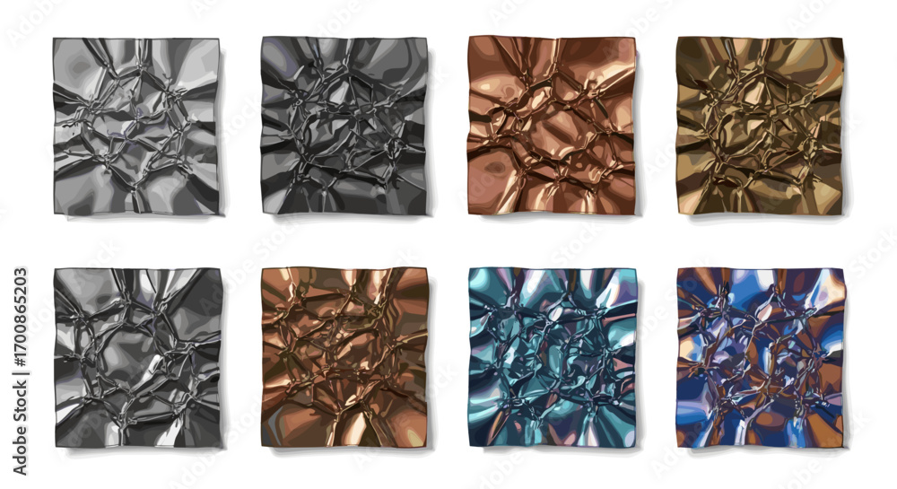 Aufkleber eight metallic crumpled rectangles arranged in two rows on white backdrop