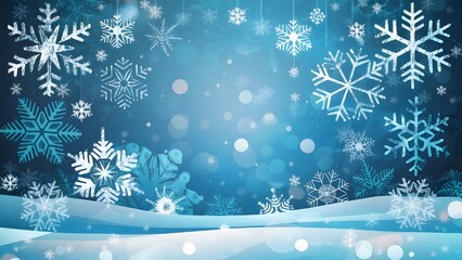 Festive blue winter background illustration with intricate falling snowflakes over a snowy landscape, ideal for holiday and Christmas themes