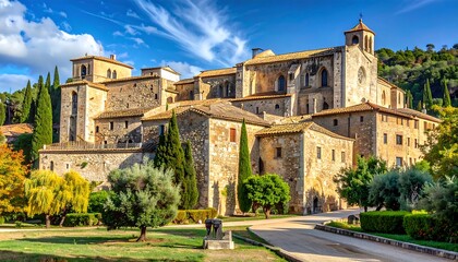 Fototapeta premium A large, historic stone monastery complex, nestled within a landscaped garden, presents a serene and picturesque view under a partly cloudy sky.