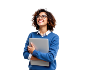 Happy young woman in blue sweater holding laptop and smiling joyfully