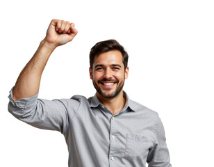 Fototapeta premium Empowered Man Celebrating Success with a Raised Fist and Smile