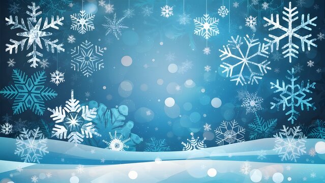 Festive blue winter background illustration with intricate falling snowflakes over a snowy landscape, ideal for holiday and Christmas themes