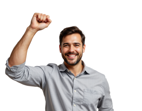 Empowered Man Celebrating Success with a Raised Fist and Smile