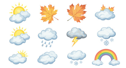 Obraz premium Illustration of weather icons including sun clouds leaves and rainbow