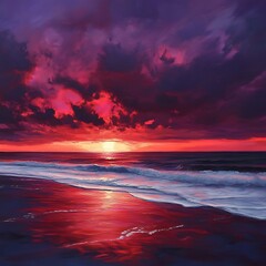 Fototapeta premium Ocean waves glowing under vibrant red painted sky sunset high resolution picture