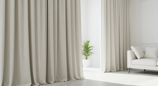 Elegant living room with long beige curtains, a white sofa, and a green plant in a bright, sunlit interior. - Powered by Adobe