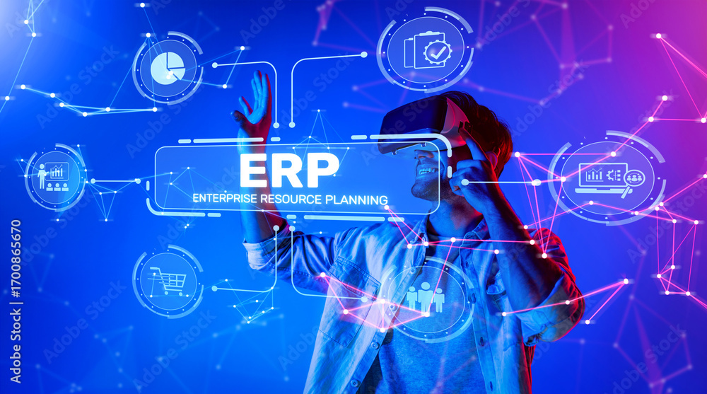 Poster explore the cutting-edge intersection of virtual reality and enterprise resource planning, showcasin