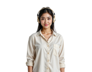 Young woman in cream shirt wearing headphones smiling confidently