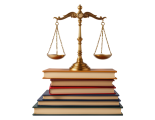 Golden Scales of Justice on Stack of Colorful Law Books