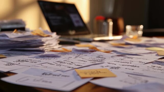 Focused medium shot of a close view at a rootcause analysis fishbone diagrams categorized lines with scattered papers and laptops gently blurred beyond.