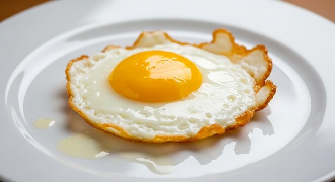 Single fried egg on white plate, golden yolk and crisp white edges ready to be served