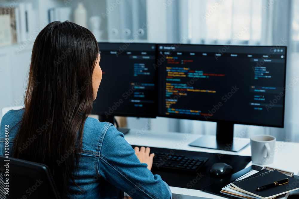 Aufkleber young asian in it developer creating with typing online information on pc with coding program data o
