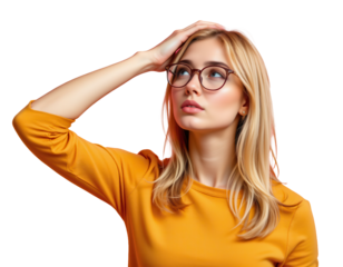 Thoughtful Woman in Yellow Shirt with Glasses on Transparent background