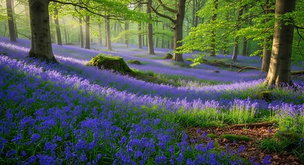 Enchanting Bluebell Carpet: A Serene Forest Scene bathed in Gentle Sunlight and fresh Greenery