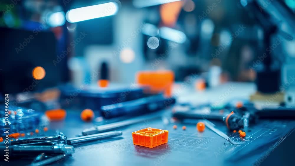 Poster sharp focus on a plastic 3d printed prototype casing with blurred tools and workspace illustrating r
