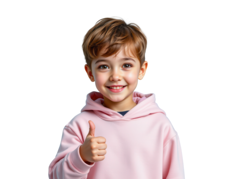 Happy Child Giving Thumbs Up in Pink Hoodie Smiling Joyfully