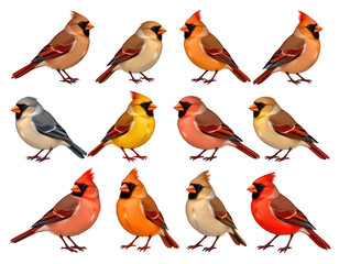 Fototapeta premium Colorful Collection of Cardinal Birds in Various Poses and Forms
