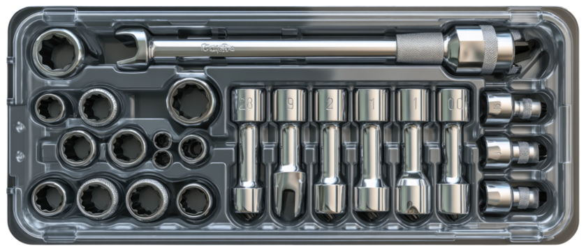 Organized tool set in a gray plastic tray.  Various sockets and ratchets are neatly arranged