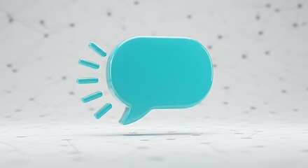 Teal speech bubble icon, glowing, 3D render, communication concept, white background.