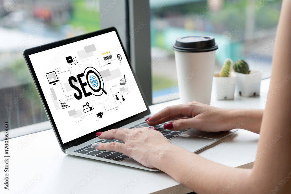 Aufkleber seo search engine optimization for modish e-commerce and online retail business showing on computer 