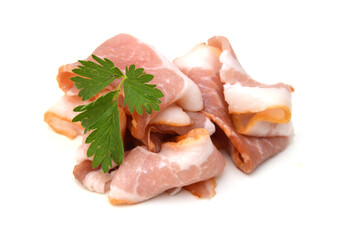 Slices of bacon isolated on white background 