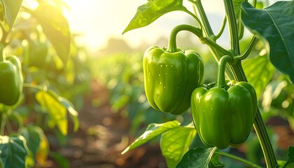 Fresh, vibrant green bell peppers hang from the vines in a sunlit garden.