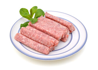 Raw meat sausages isolated on white background 
