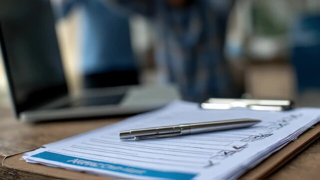 Athlete content approval form on a clipboard in crisp focus with reviewers blurred figure in the background using a laptop symbolizing thorough safety checks.