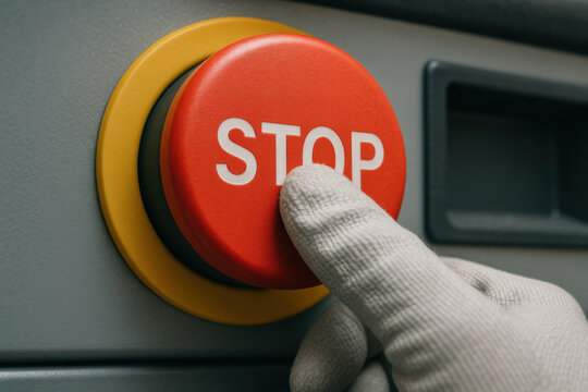 Impending Halt: A gloved hand presses the vibrant red button, the bold STOP lettering commanding immediate cessation in a sterile industrial environment.