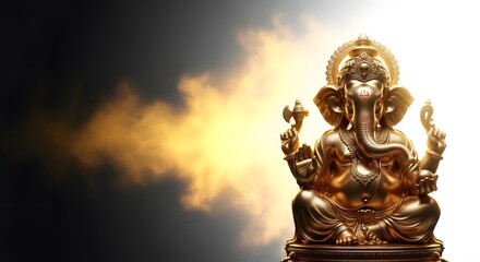 Fototapeta premium Golden statue of lord ganesha, the hindu deity, with intricate details, set against a dramatic smoky background with bright light