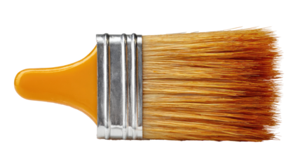 Close-up of a paintbrush with an orange handle.  Natural bristle brush, isolated on black