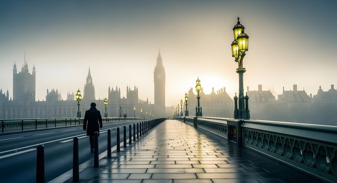 A lone figure walks across westminster bridge towards the houses of parliament and big ben on a foggy london morning