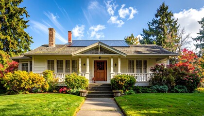 A charming, light beige home with a welcoming porch, lush landscaping, and solar panels on its roof stands out against a bright, sunny sky.