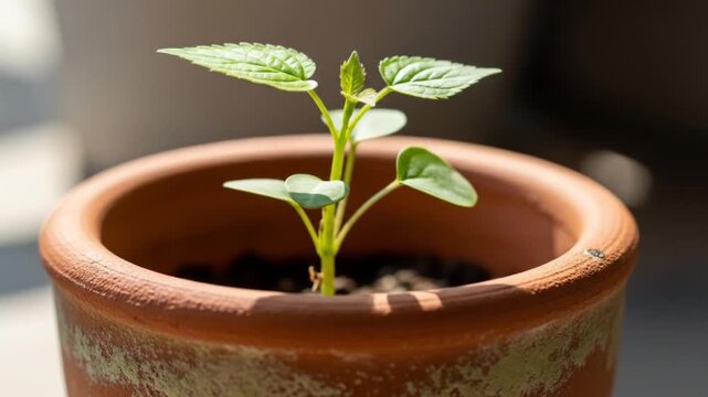 Young seedling sprouts vibrant green leaves in rustic terra cotta pot, symbolizing new beginnings and growth.