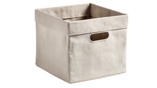 Beige fabric storage cube on white background
