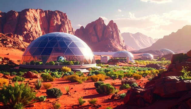 Futuristic Martian colony with geodesic domes on red planet. - Powered by Adobe