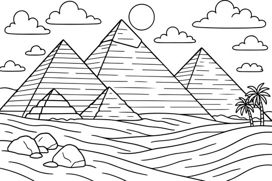 hand drawn vector doodle illustration of giza pyramids coloring page for kids line art