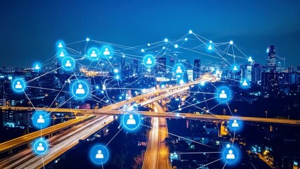 Smart city network connections overlayed on a metropolis at night - Powered by Adobe