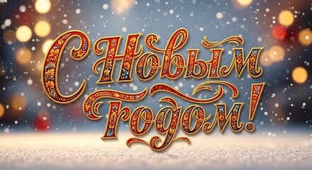 Happy New Year Greetings in Russian with Festive Background.