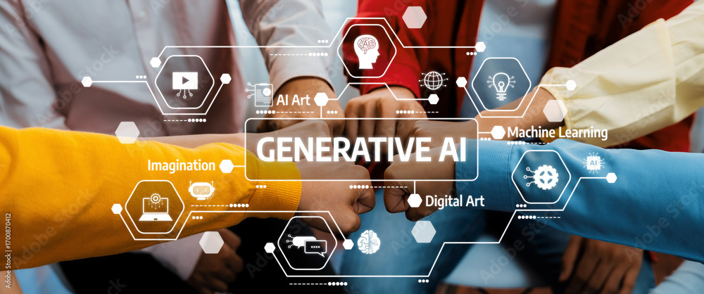 Poster a striking image highlighting collaboration among diverse hands in the context of generative ai, fea