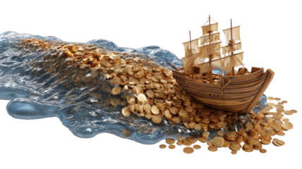 A wooden sailing ship navigates a golden coin-filled sea