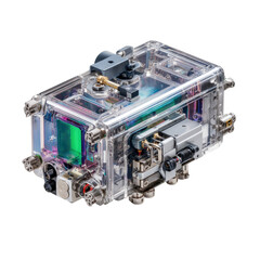 Transparent, box-shaped device with internal components.  Clear acrylic housing reveals intricate optical and electronic elements.  A green display or sensor is visible within.
