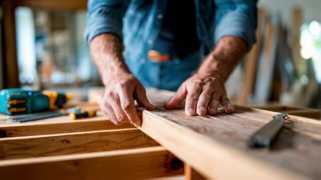 Closeup medium shot of a person fitting wooden panels together from a flatpack furniture kit with tools and instruction manual blurred in the background.
