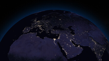 Planet Earth focused on Europe by night. Illuminated cities on dark side of the Earth. Elements of this image furnished by NASA