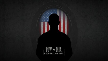 Silhouette of a person against the backdrop of the american flag and pow mia emblem