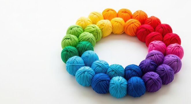 A colorful circle of yarn balls in rainbow colors isolated on white background