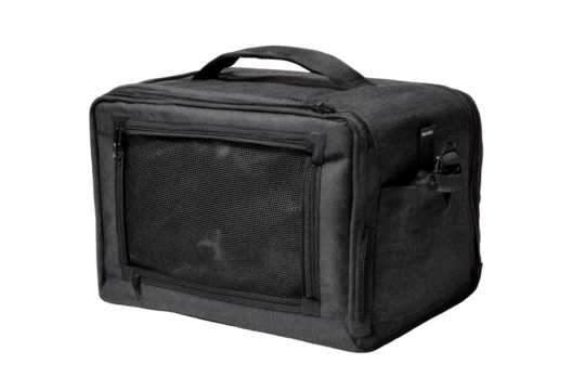 Dark gray rectangular carrying case with a mesh window
