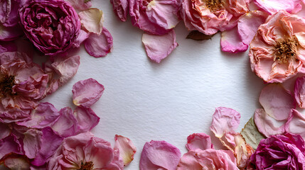un diseño de flores de rosas color rosa secas o marchitas con petalos rodeando con un marco a un fondo con espacio de copia para diseño 
