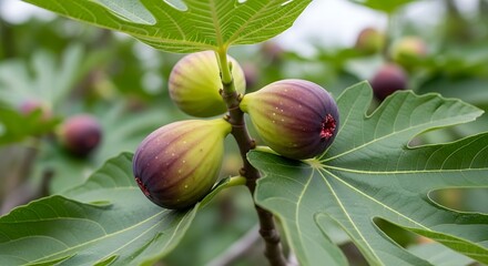 Luscious figs ripening amidst vibrant foliage on a sun-drenched branch, creating a scene of